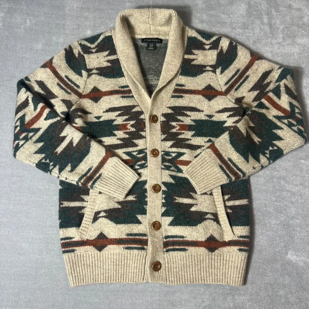 Ethan Pierce Mens Medium Shawl Collar Southwestern Aztek Wool Blend Cardigan
